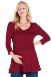 24seven Comfort Apparel Three Quarter Sleeve V-neck Maternity Tunic Top In Burgundy