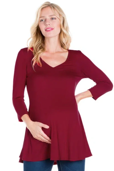 24seven Comfort Apparel Three Quarter Sleeve V-neck Maternity Tunic Top In Burgundy