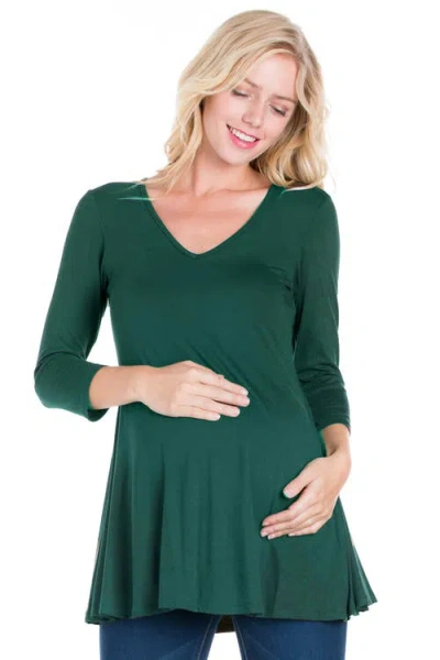 24seven Comfort Apparel Three Quarter Sleeve V-neck Maternity Tunic Top In Green