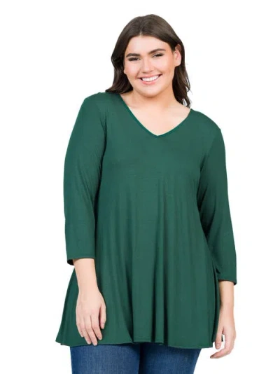 24seven Comfort Apparel Three Quarter Sleeve V-neck Tunic Top In Green