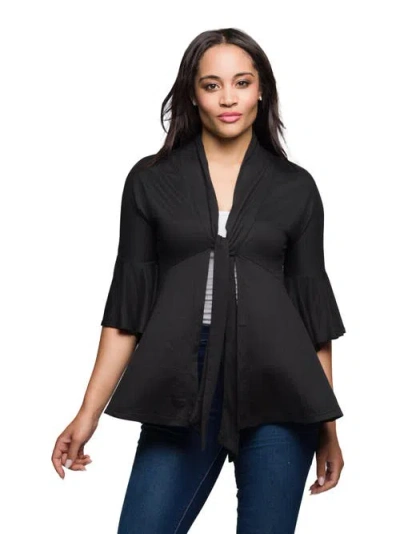 24seven Comfort Apparel Tie Front Bell Sleeve Cardigan In Black