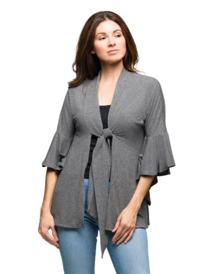 24seven Comfort Apparel Tie Front Bell Sleeve Cardigan In Gray