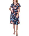 24seven Comfort Apparel Petites Tulip Print V Neck Empire Waist Kimono Cap Sleeve Knee Length Dress In Miscellane