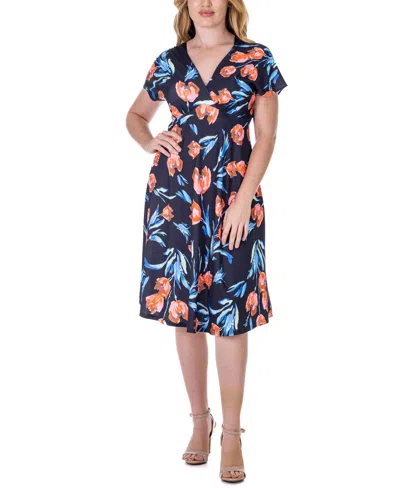 24SEVEN COMFORT APPAREL TULIP PRINT V NECK EMPIRE WAIST KIMONO CAP SLEEVE KNEE LENGTH DRESS