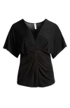 24seven Comfort Apparel Plus Size V Neck Knot Front Kimono Sleeve Top In Black