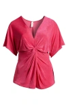 24seven Comfort Apparel V Neck Knot Front Kimono Sleeve Top In Pink