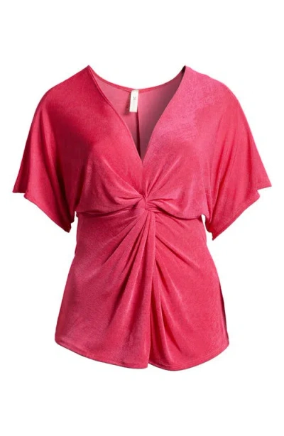 24seven Comfort Apparel Petites V-neck Knot Front Kimono Sleeve Top In Pink