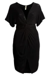 24seven Comfort Apparel Plus Size Short Sleeve V-neck Twist Front Split Hem Dress In Black