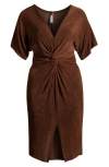 24seven Comfort Apparel Twist Front Vent Dress In Brown