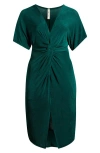 24seven Comfort Apparel Plus Size Short Sleeve V-neck Twist Front Split Hem Dress In Hunter