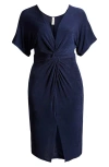 24seven Comfort Apparel Plus Size Short Sleeve V-neck Twist Front Split Hem Dress In Navy