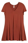 24seven Comfort Apparel Short Sleeve Loose Fit Tunic Top With V-neck In Brown