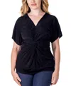 24seven Comfort Apparel Petites V-neck Knot Front Kimono Sleeve Top In Black