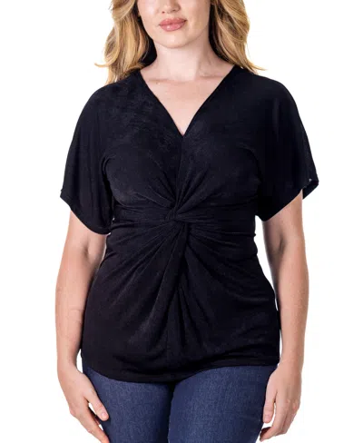 24seven Comfort Apparel V Neck Knot Front Kimono Sleeve Top In Black