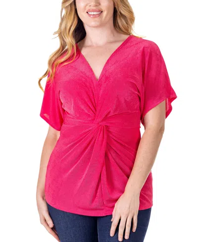24seven Comfort Apparel V Neck Knot Front Kimono Sleeve Top In Pink