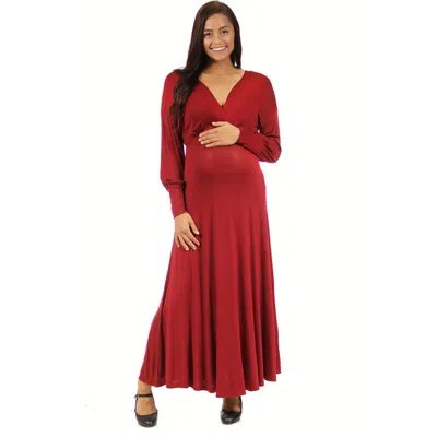 24seven Comfort Apparel V-neck Long Sleeve Maternity Maxi Dress In Brown