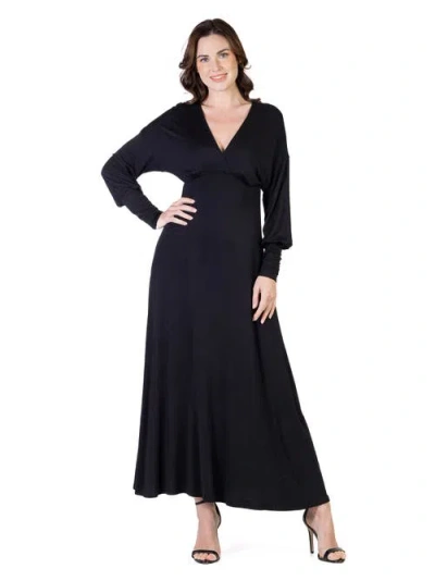 24seven Comfort Apparel V-neck Long Sleeve Maxi Dress In Black