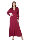 24seven Comfort Apparel V-neck Long Sleeve Maxi Dress In Burgundy