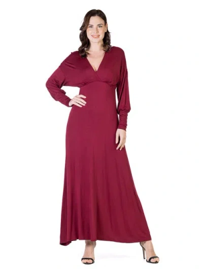 24seven Comfort Apparel V-neck Long Sleeve Maxi Dress In Burgundy