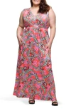 24seven Comfort Apparel Plus Size Print V-neck Empire Waist Sleeveless Maxi Dress In Coral Multi