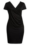 24seven Comfort Apparel Plus Size Short Sleeve V-neck Faux Wrap Dress In Black
