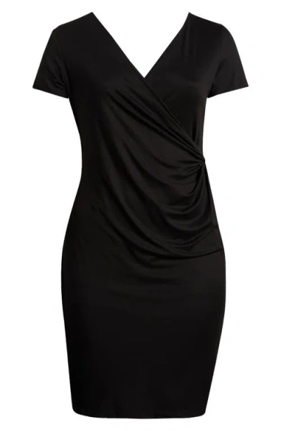 24seven Comfort Apparel Plus Size Short Sleeve V-neck Faux Wrap Dress In Black