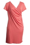 24seven Comfort Apparel V-neck Stretch Faux Wrap Dress In Coral