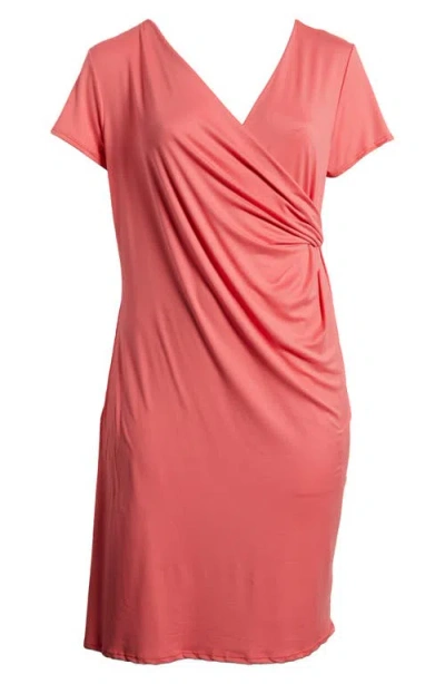 24seven Comfort Apparel V-neck Stretch Faux Wrap Dress In Coral