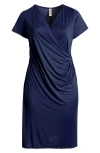 24seven Comfort Apparel V-neck Stretch Faux Wrap Dress In Navy