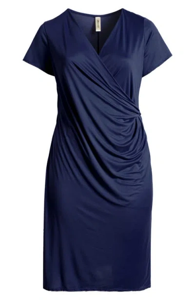 24seven Comfort Apparel V-neck Stretch Faux Wrap Dress In Navy