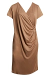 24seven Comfort Apparel V-neck Stretch Faux Wrap Dress In Taupe