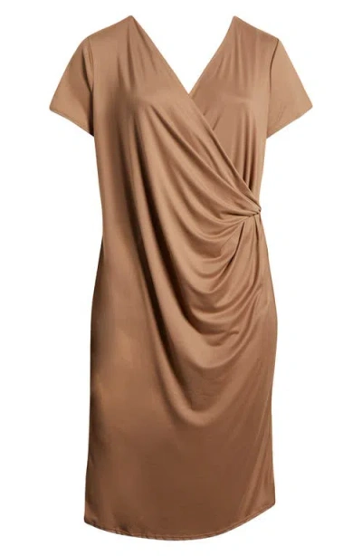 24seven Comfort Apparel V-neck Stretch Faux Wrap Dress In Taupe