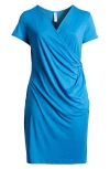 24seven Comfort Apparel V-neck Stretch Faux Wrap Dress In Turquoise