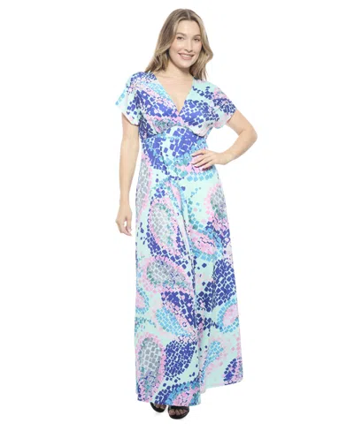 24seven Comfort Apparel Womens Mosaic V Neck Empire Waist Cap Sleeve Maxi Dress In Blue
