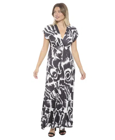 24seven Comfort Apparel Maternity Abstract V Neck Empire Waist Cap Sleeve Maxi Dress In Multi