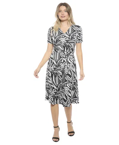 24seven Comfort Apparel Maternity Abstract V Neck Short Sleeve A Line Midi Dress In Black