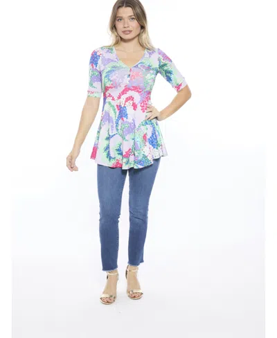 24seven Comfort Apparel Womens Abstract V-neck Elbow Sleeve Henley Tunic Top In Multi