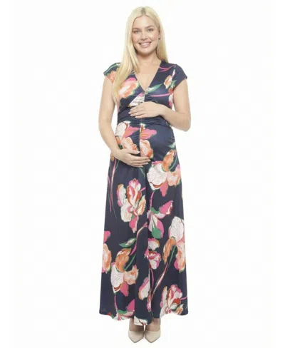 24seven Comfort Apparel Women's And Plus Size Maternity V-neck Maxi Dress In Blue
