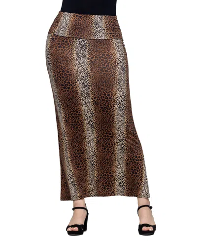 24seven Comfort Apparel Women's Animal Print Fold Over Waist Maxi Skirt In Brown Multi