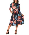24seven Comfort Apparel Women's Black Floral Midi Length Long Sleeve Pocket Dress In Black Multi