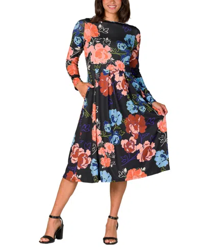 24seven Comfort Apparel Women's Black Floral Midi Length Long Sleeve Pocket Dress In Black Multi