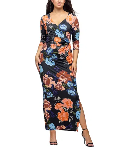 24seven Comfort Apparel Women's Black Floral Side Slit Maxi Dress In Black Multi