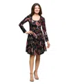 24seven Comfort Apparel Women's Black Paisley Print Long Sleeve Fit And Flare Dress In Multi