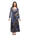24seven Comfort Apparel Women's Blue Animal Print Long Sleeve Scoop Neck Maxi Dress In Blue