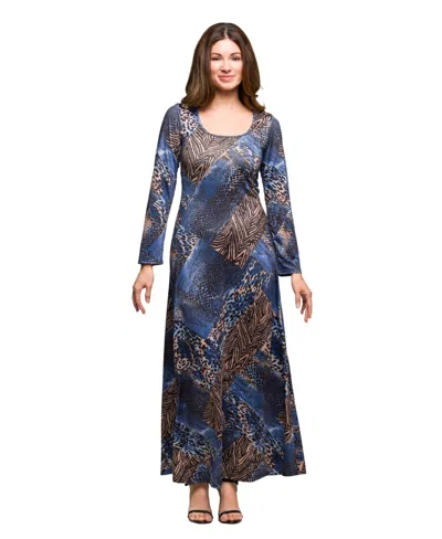 24SEVEN COMFORT APPAREL WOMEN'S BLUE ANIMAL PRINT LONG SLEEVE SCOOP NECK MAXI DRESS