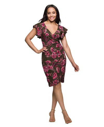 24SEVEN COMFORT APPAREL WOMEN'S BROWN AND PINK FLORAL FLUTTER SLEEVE WRAP DRESS