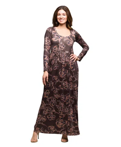 24SEVEN COMFORT APPAREL WOMEN'S BROWN BLUSH FLORAL LONG SLEEVE DRESS