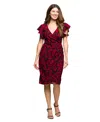 24seven Comfort Apparel Women's Burgundy Print Flutter Sleeve Faux Wrap Dress In Multi