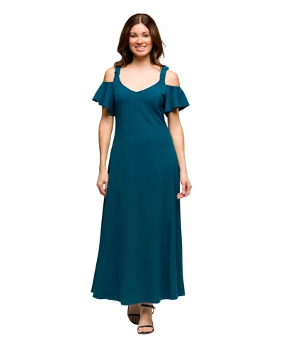 24SEVEN COMFORT APPAREL WOMEN'S COLD SHOLDER RUFFLE SLEEVE A LINE MAXI DRESS