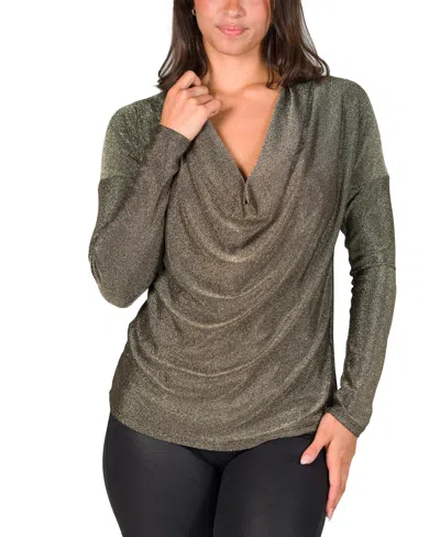 24seven Comfort Apparel Women's Cowl Neck Long Sleeve Shimmery Fabric Top In Gold